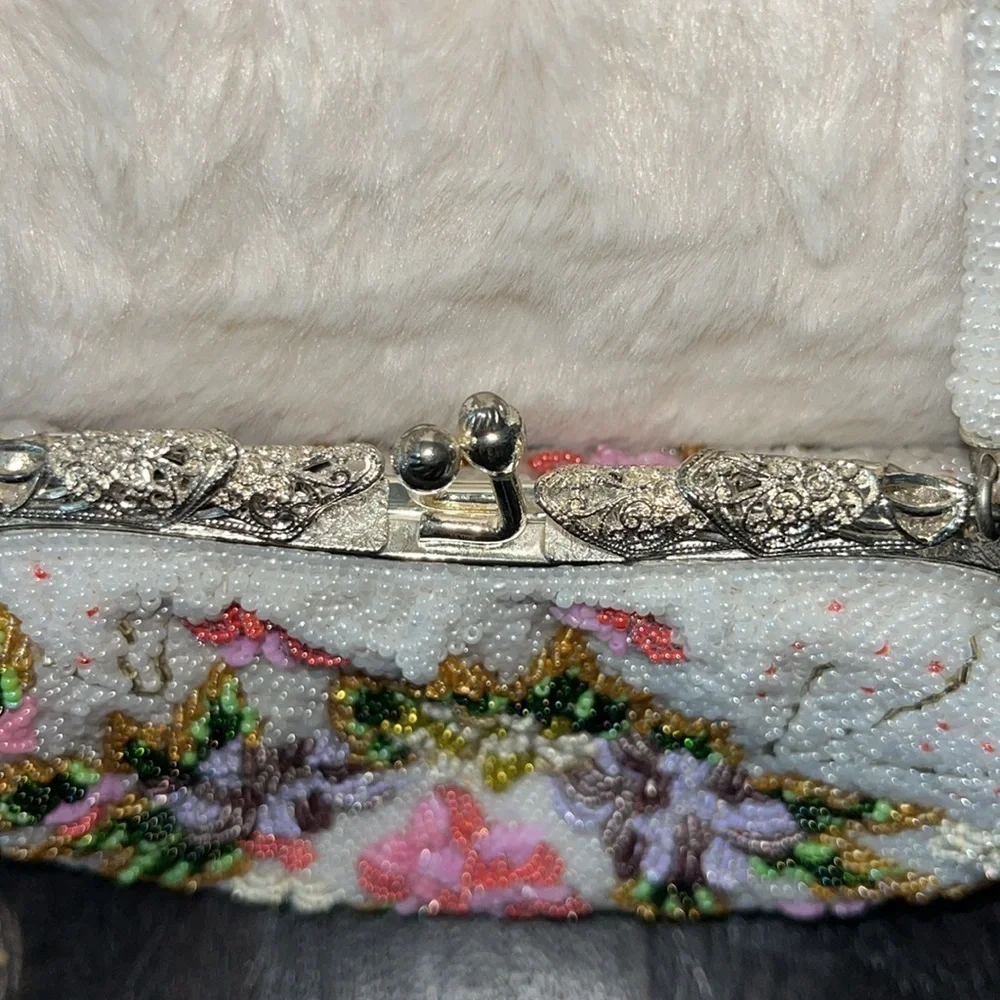 Vintage all beaded clutch bag white with flowers dainty delicate feminine pretty